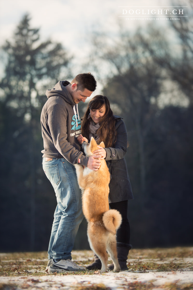 Akita Inu avec ses maîtres dans la neige