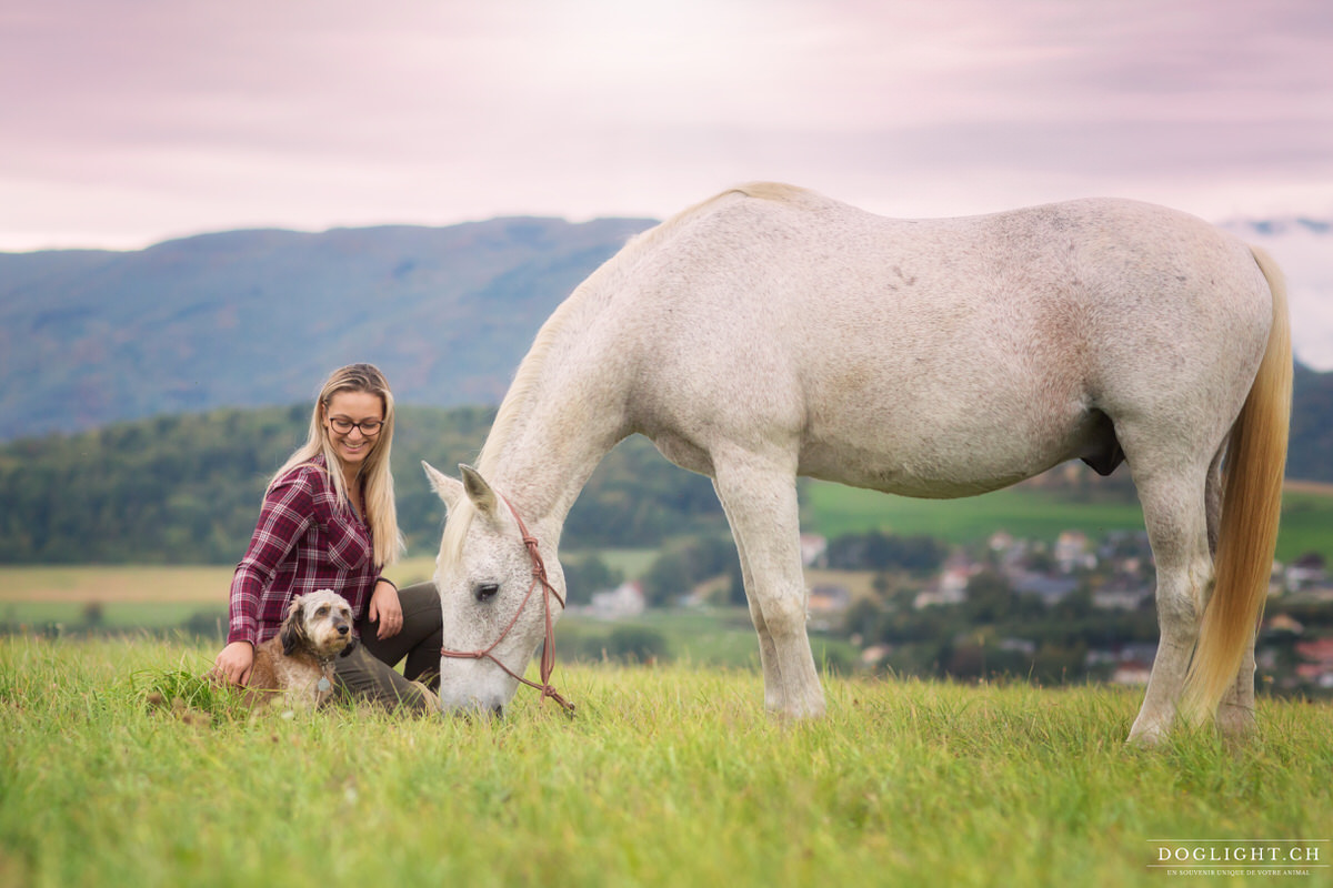 Photo chien et cheval avec fille