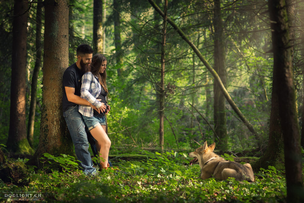 Photo en forêt couple avec chien loup de sarlos