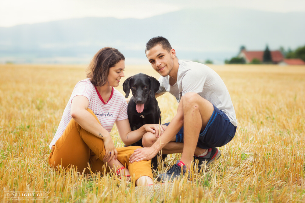 Photo couple avec chien labrador dans le blé