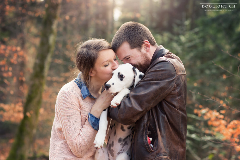 Photo couple bisous avec un dalmatien